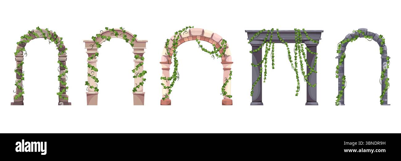 Archi di pietra con piante. Arrampicata su viti e edera, porte medievali e antiche, ingressi antichi sovrastati, porta gotica in mattoni con foglie, Illustrazione Vettoriale