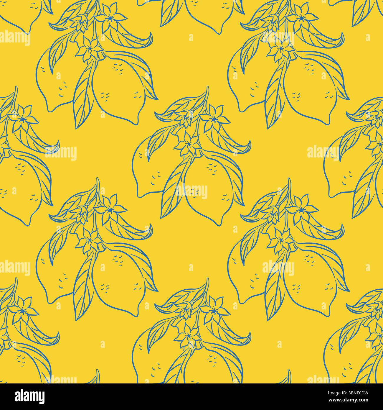 Motivo senza cuciture con limone in stile art line su ramo con fiore. Perfetto per tessuti, stampe, carta da parati da cucina, pacchetto estivo e design di frutta fresca. Illustrazione Vettoriale