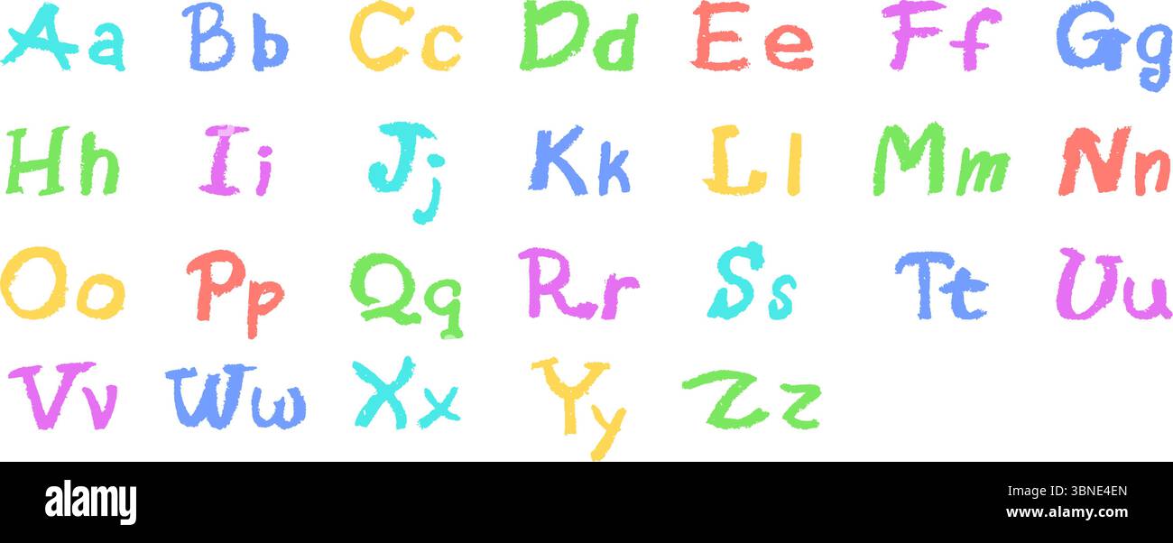 Colorato alfabeto inglese disegnato a mano in un pastello. Lettere maiuscole e minuscole in stile gesso, pastello o cera. Effetto evidenziatore a bordo per Illustrazione Vettoriale