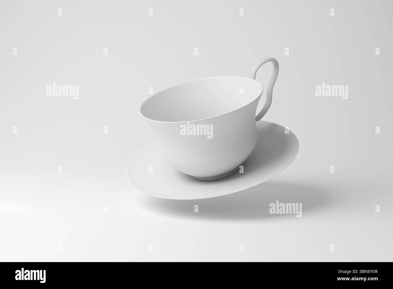 Tazza da tè classica bianca e piattino a mezz'aria su sfondo bianco. Illustrazione del concetto di cultura del tè e porcellana Foto Stock