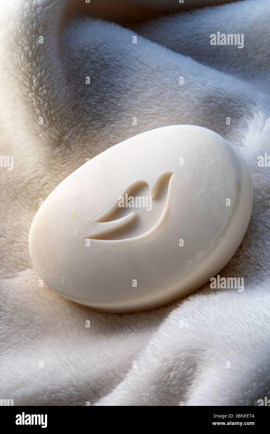 Primo piano di un marchio dove, sapone di bellezza con crema idratante, 2025, USA Foto Stock