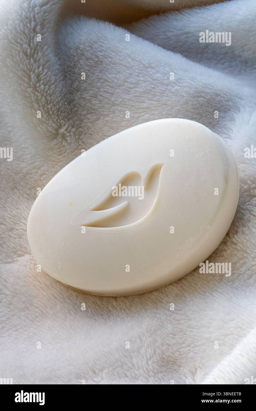 Primo piano di un marchio dove, sapone di bellezza con crema idratante, 2025, USA Foto Stock