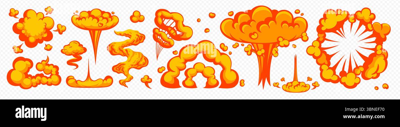 Fuoco comico esplosivo, fumo e esplosione di bombe isolate su sfondo trasparente. Fiamma vettoriale cartoni animati ed effetto nuvola in stile comico. Perfetto per i giochi Illustrazione Vettoriale