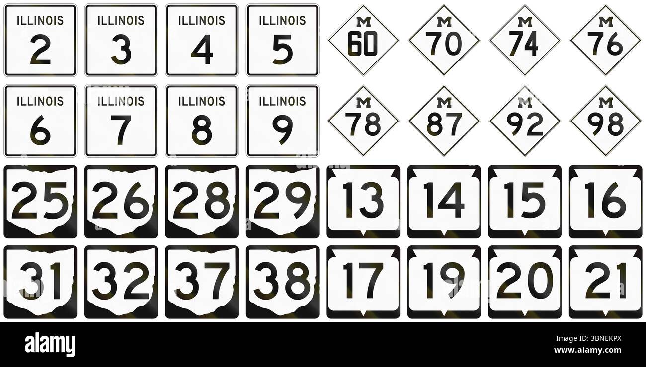 Raccolta di scudi stradali in diversi stati degli Stati Uniti. Foto Stock