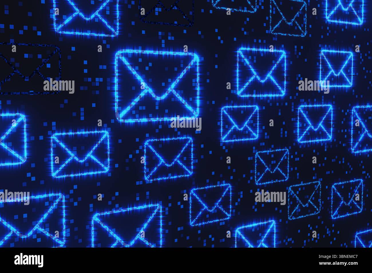 Buste pixellate al neon blu illuminate in modo casuale sparse su uno sfondo nero. Concetto di posta indesiderata, messaggi di spam e comunicazioni elettroniche Foto Stock