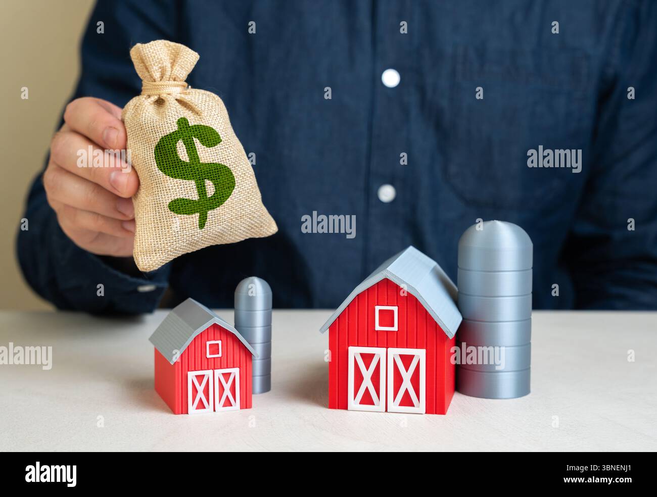 L'uomo fornisce fondi per l'espansione della fattoria. Investimenti nel settore agricolo. Capitale di rischio nel settore agtech. Ammodernamento delle infrastrutture agricole, delle colture Foto Stock