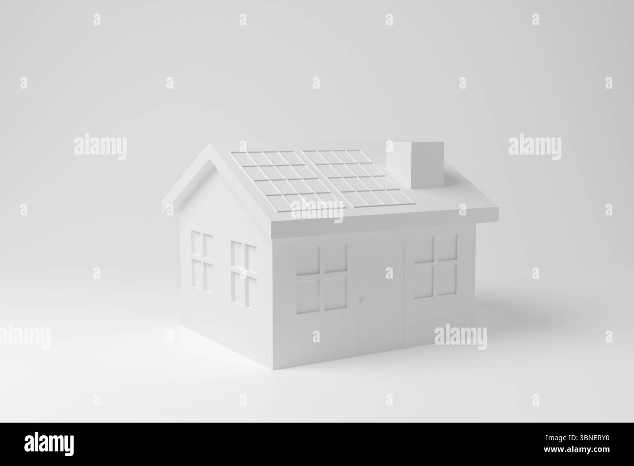 Casa bianca installata con pannelli solari su sfondo bianco. Concetto di sistema domestico di stoccaggio dell’energia solare per uso domestico e di energia elettrica da rinnovo Foto Stock