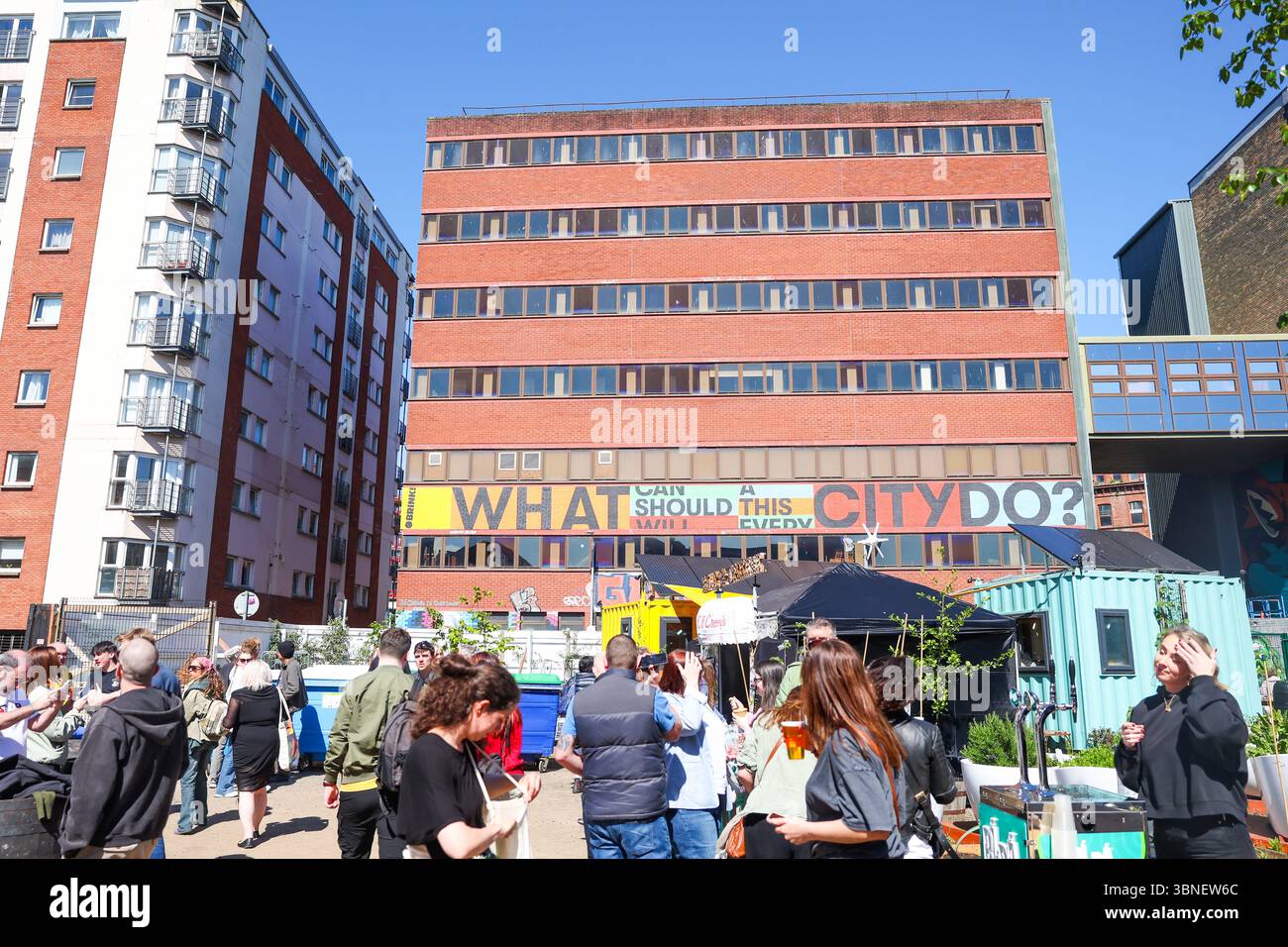 Partecipa al festival di Street art North Grass Routes a Belfast, l'artista dell'Irlanda del Nord proveniente da tutto il mondo si riunisce per creare arte sulle mura della città. Foto Stock