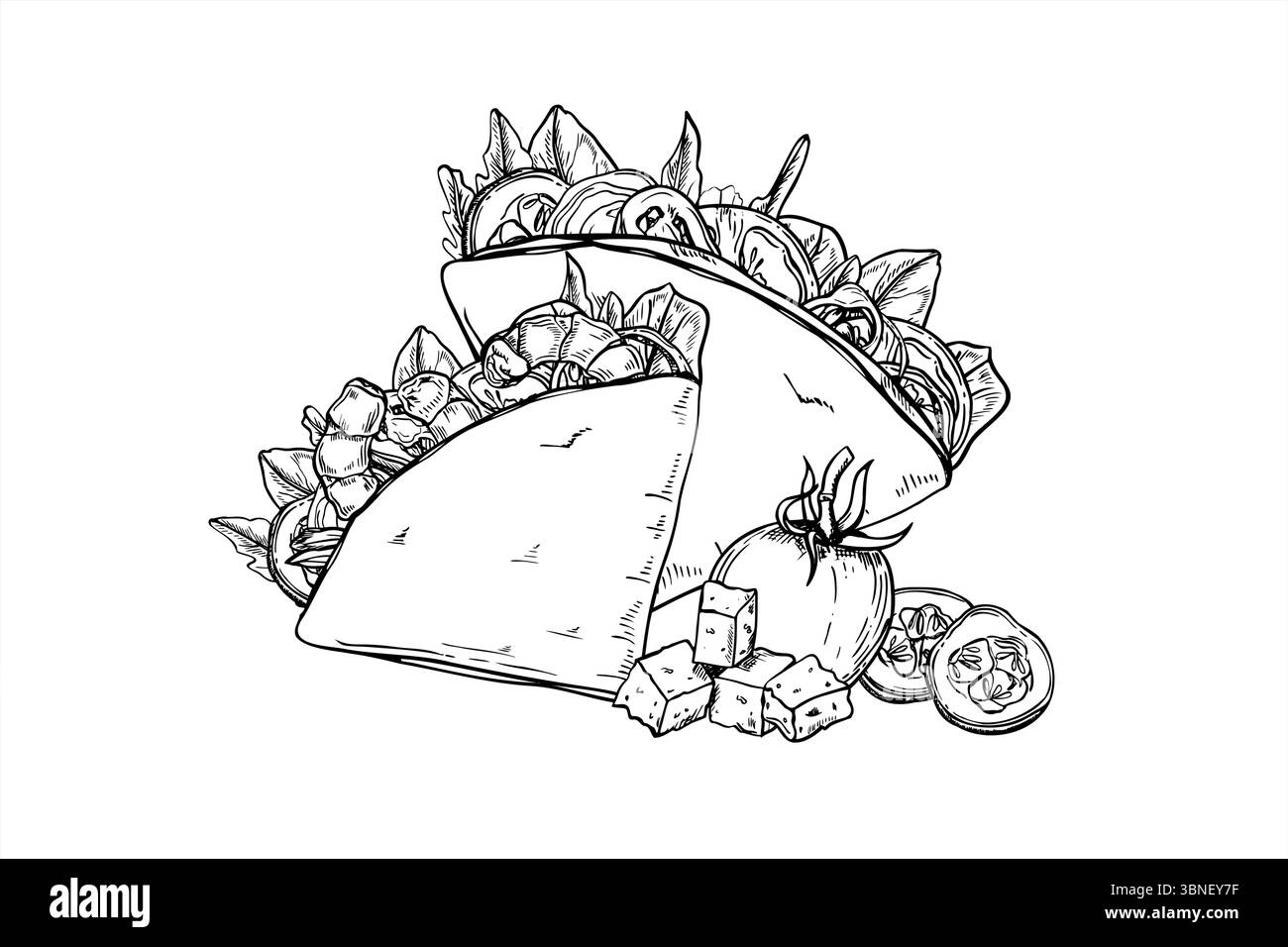 Tortilla monocromatiche piegate ripiene di verdure, fette di pomodoro, cetrioli e cubetti di formaggio illustrazione vettoriale. Cucina messicana tradizionale Illustrazione Vettoriale