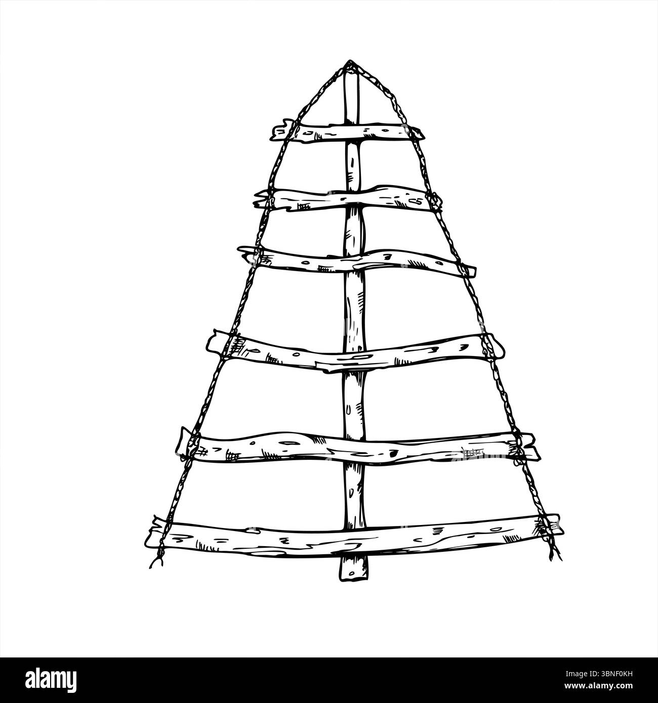 Albero di Natale ecologico alternativo realizzato con bastoncini di legno e corda, illustrazione vettoriale in bianco e nero. Disegno inciso di vela in legno Illustrazione Vettoriale