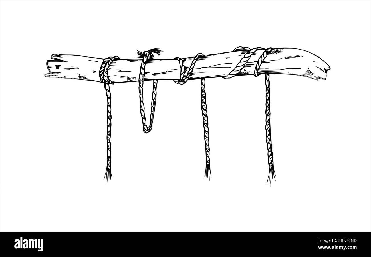 Bastone di legno secco legato con corda e estremità sospese illustrazione vettoriale monocromatica dipinta con inchiostri neri. Disegno decorativo con incisione del vecchio ramo dell'albero Illustrazione Vettoriale