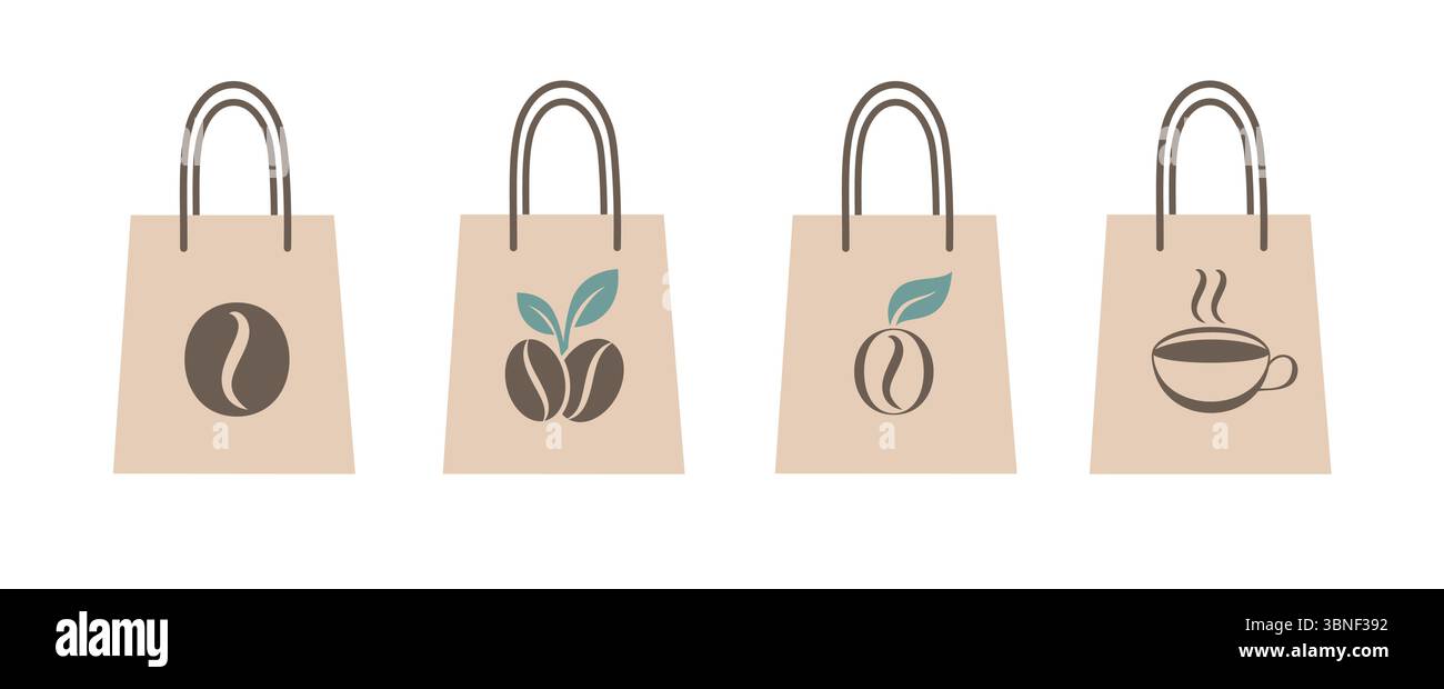 Il set Vector flat art mostra quattro borse minimaliste a tema caffè. Illustrazione Vettoriale