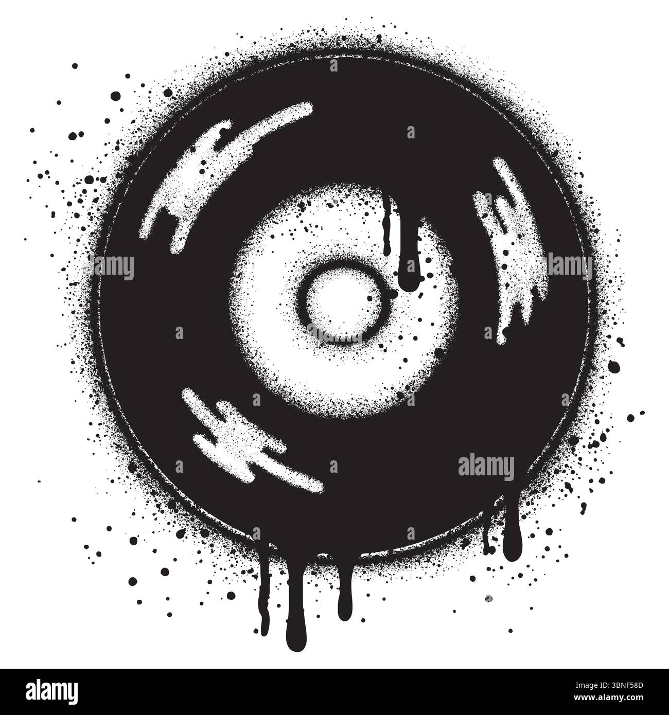 Disco compatto o disco in vinile in stile graffiti urbani con vernice spray nera. illustrazione vettoriale. Illustrazione Vettoriale