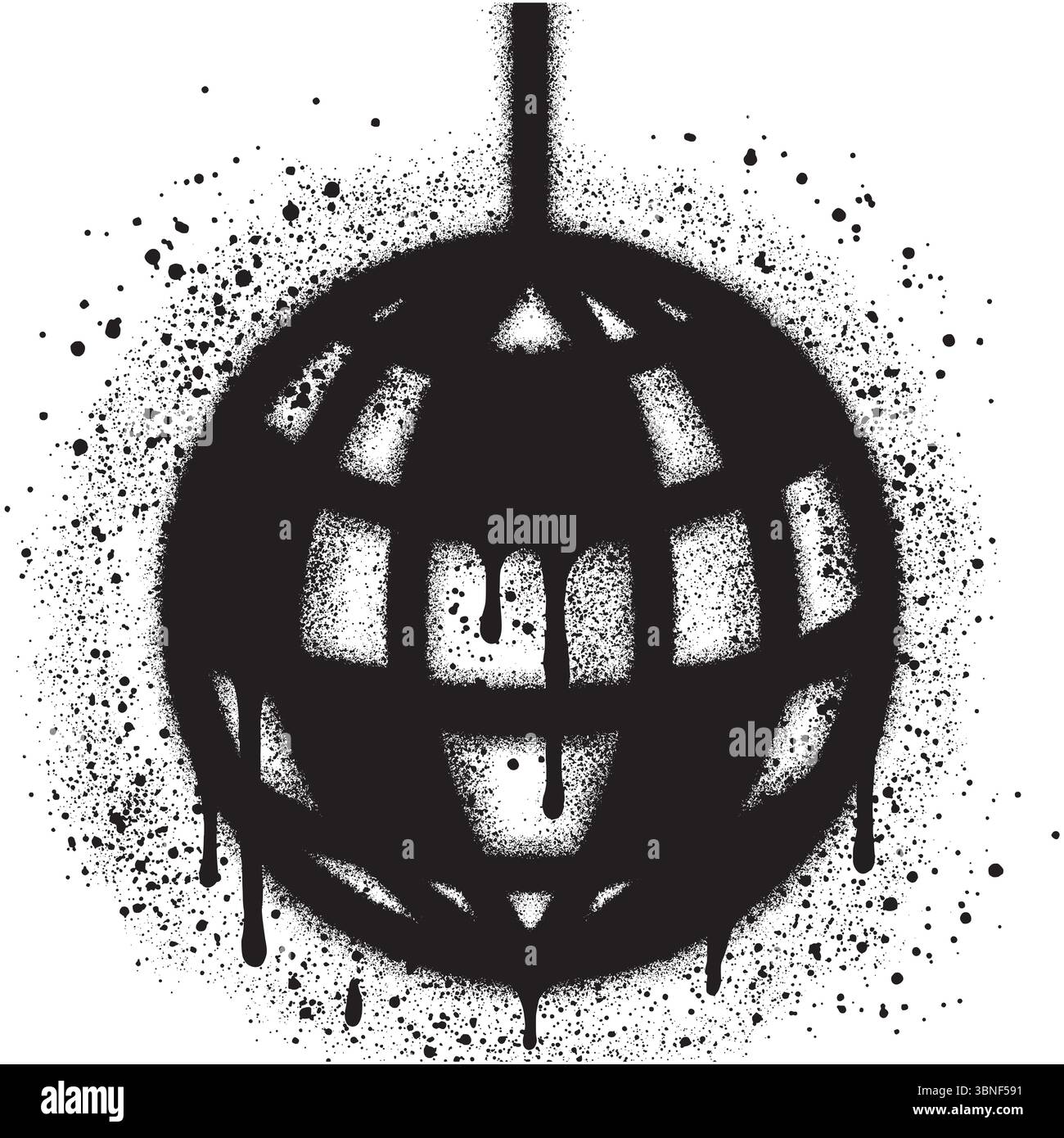Palla da discoteca lucida con stile graffiti e vernice spray nera. Musica, feste, festival, danza clab. Poster di musica retrò. Illustrazione Vettoriale