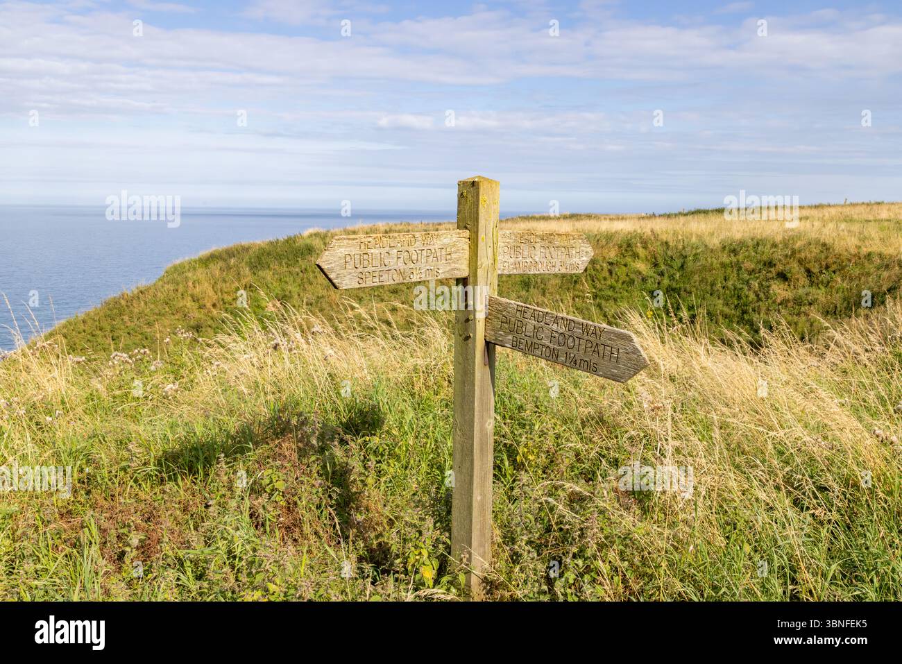 Cartello in legno sul sentiero pubblico di Headland Way, che indica Speeton, Flamborough e Bempton, una famosa passeggiata sulla scogliera sulla costa dello Yorkshire. Foto Stock