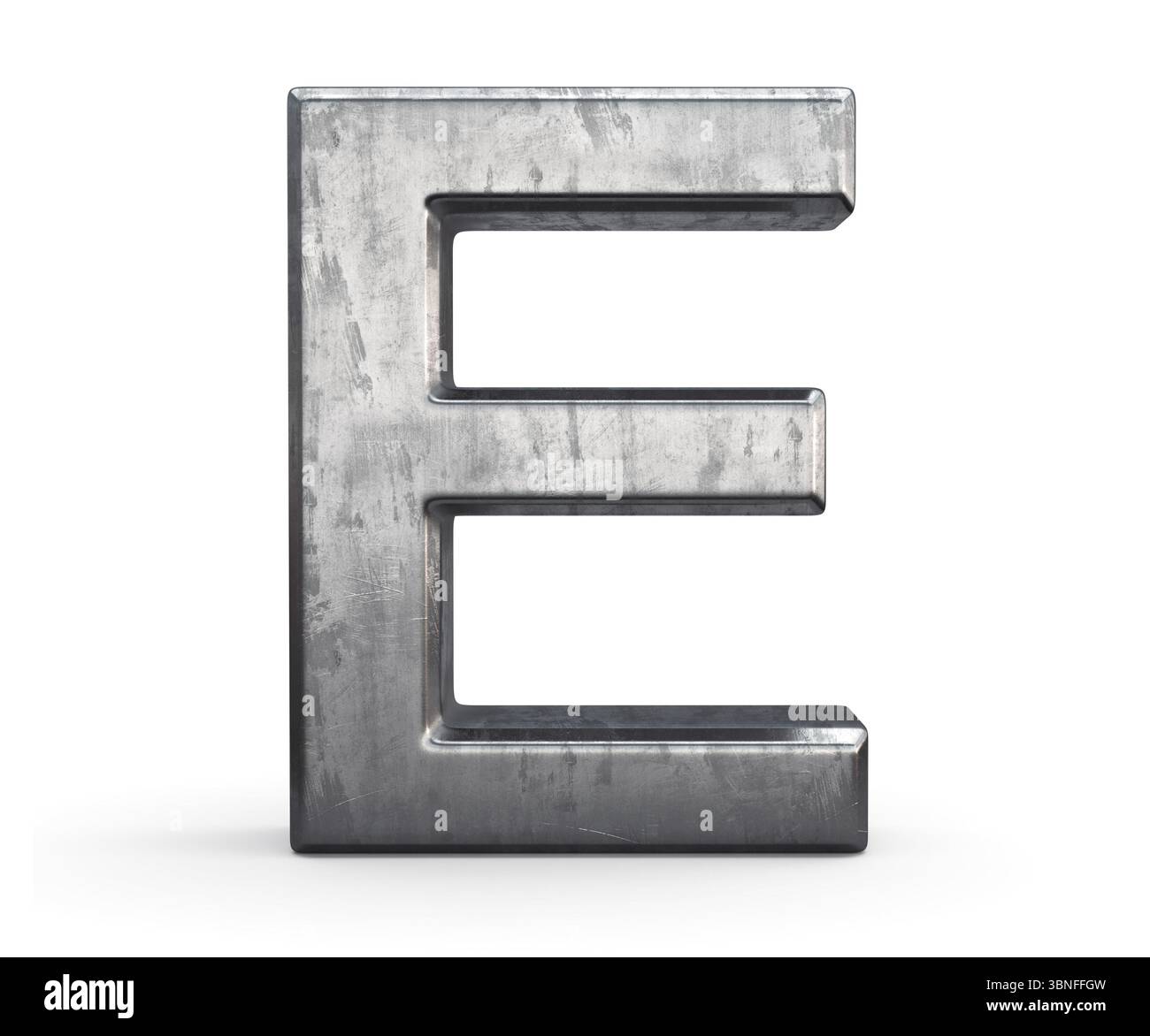 Lettera maiuscola "e" in un rendering 3d metallizzato testurizzato su bianco Foto Stock