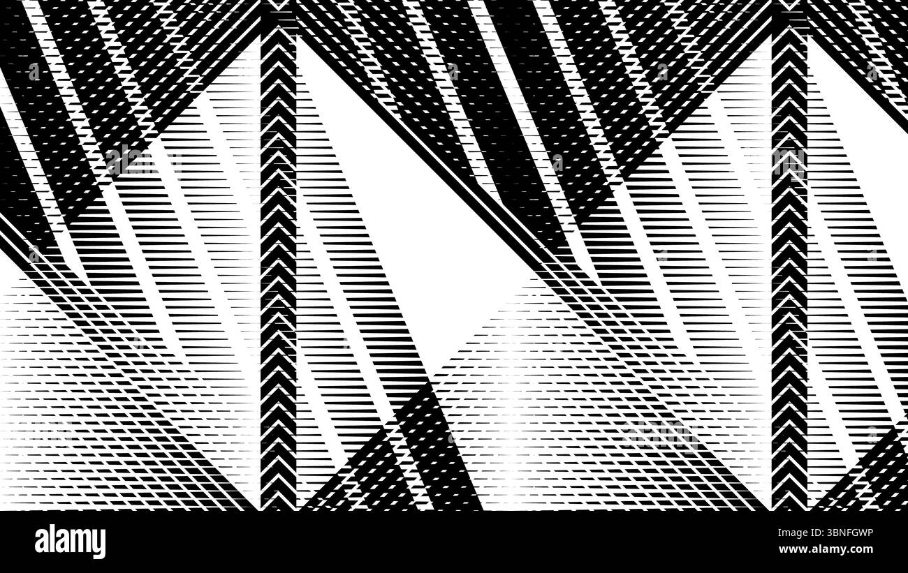 Futuristica texture per illusioni ottiche in bianco e nero - motivo a linee astratte ad alto contrasto per design a tema fantascientifico e tecnico Foto Stock