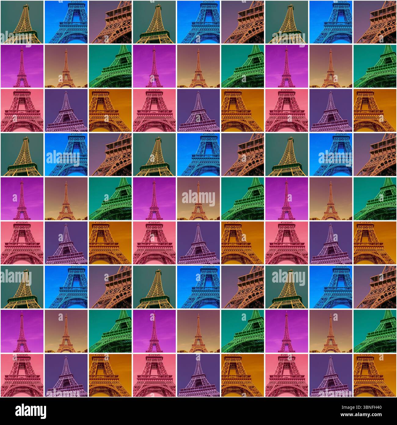 Motivo astratto senza cuciture: Piastrelle quadrate con foto della Torre Eiffel a Parigi colorate in colori diversi Foto Stock
