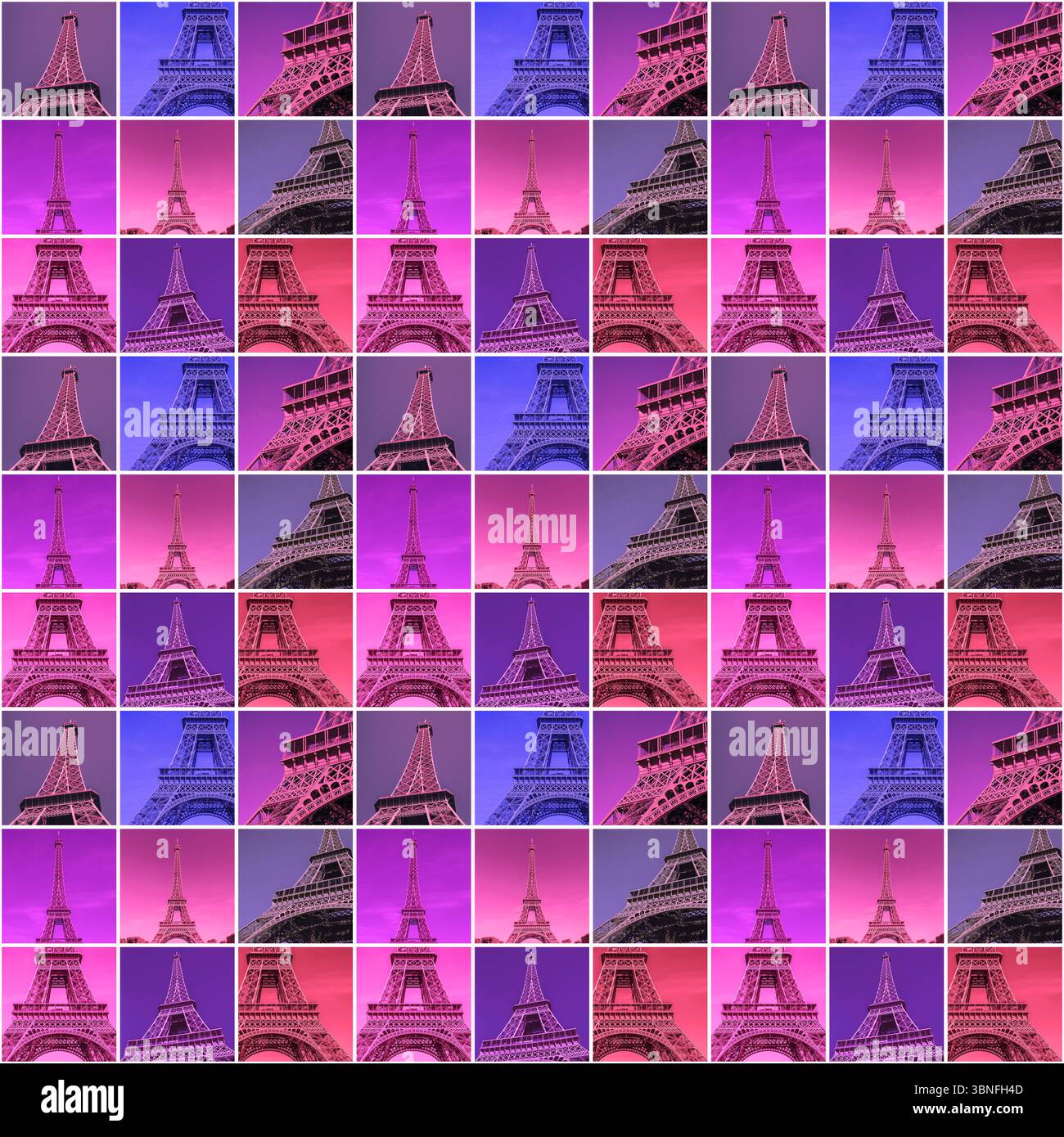 Motivo astratto senza cuciture: Piastrelle quadrate con foto della Torre Eiffel a Parigi colorate in diverse tinte viola e viola Foto Stock