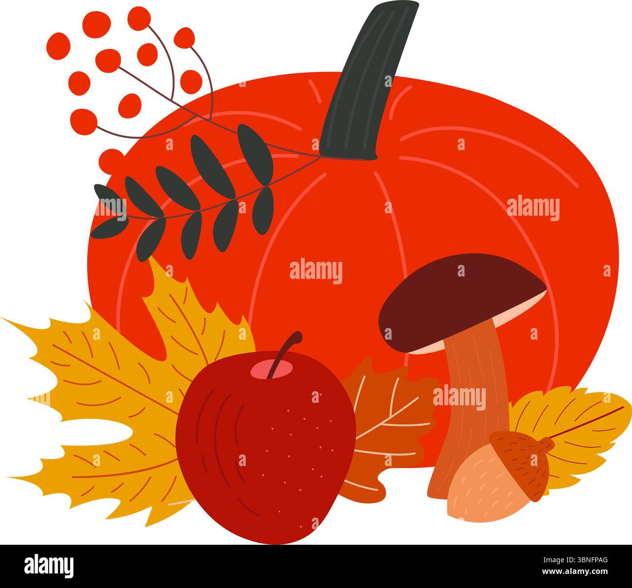 Composizione carina e accogliente in autunno con funghi, zucca e foglie autunnali. Elementi di raccolta colorati per confezioni di adesivi o design. Illustrazione Vettoriale