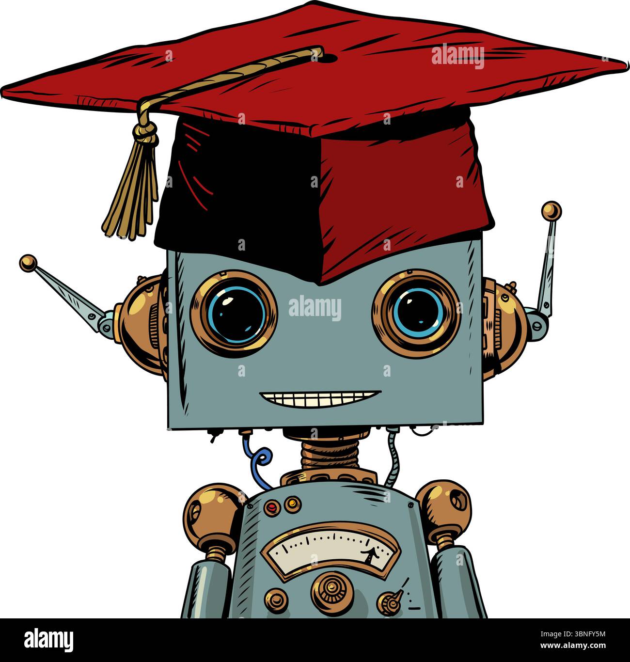 Insegnare la conoscenza dell'intelligenza artificiale. Robot in cappello da studente, cappello da professore. Diploma rosso e concorso con l'intelligenza artificiale. Illustrazione Vettoriale