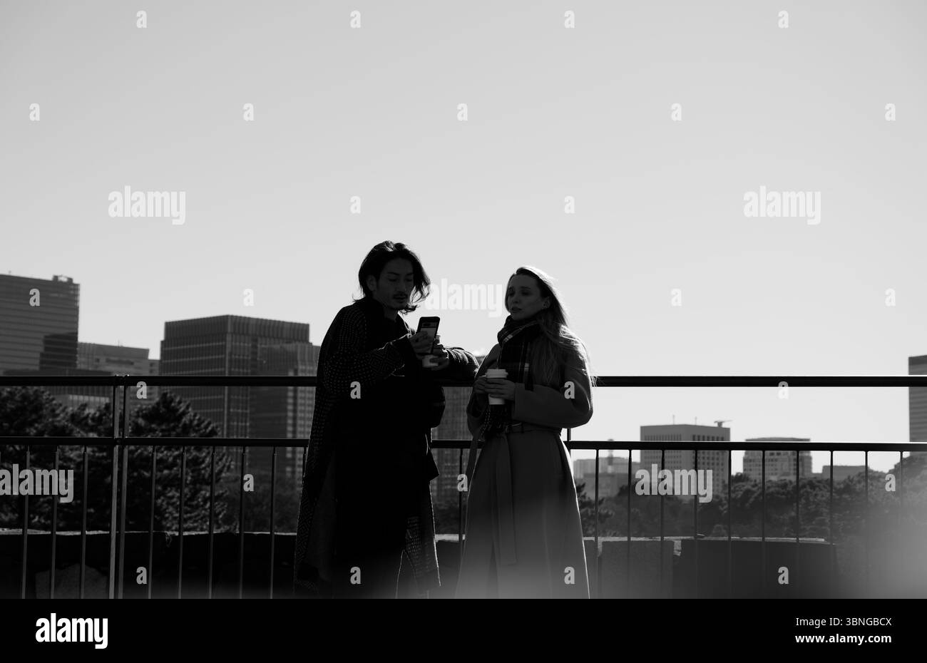 Amanti che condividono un caffè e controllano un telefono al Palazzo Imperiale di Tokyo Foto Stock