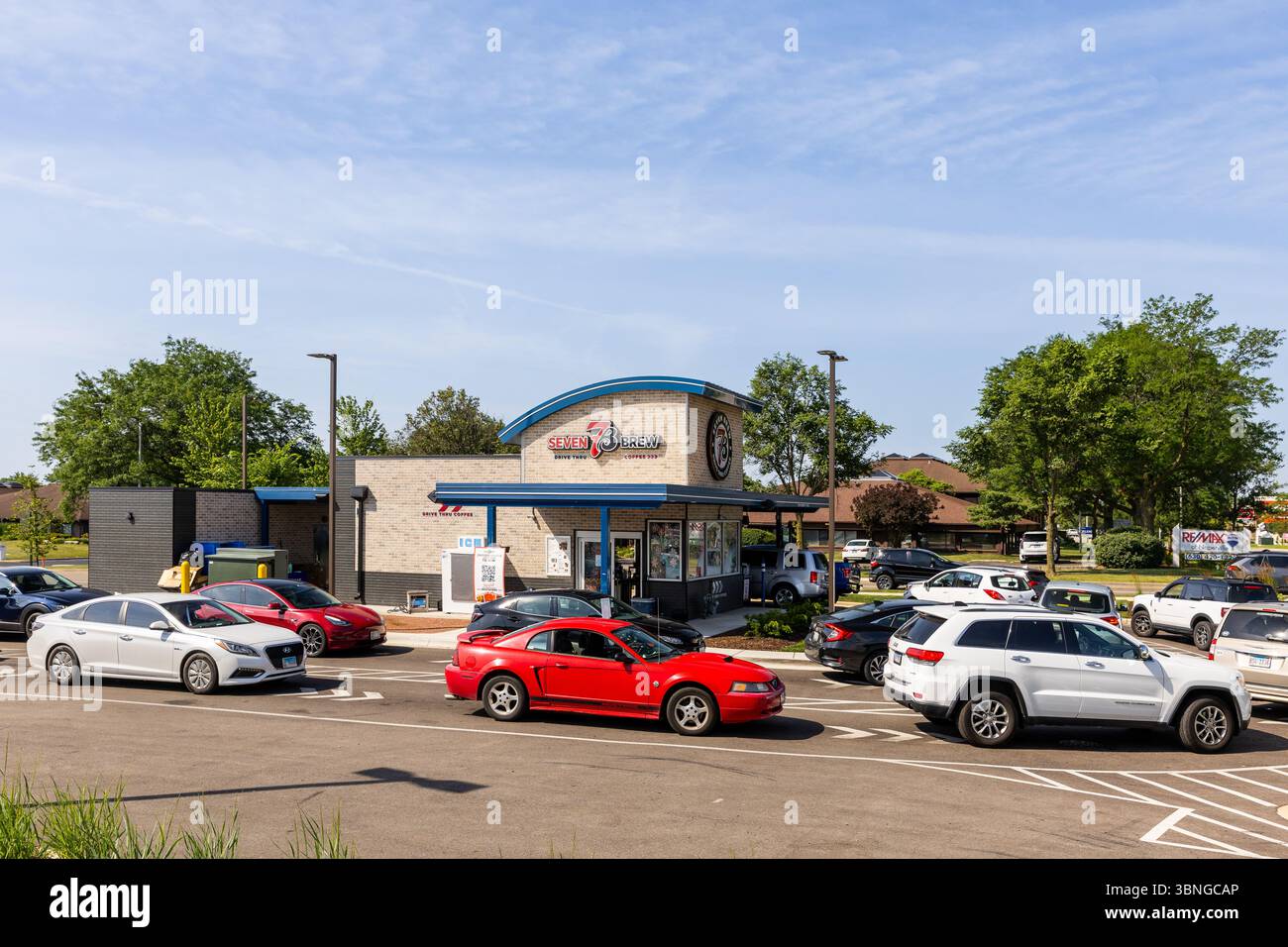 7 Brew è una catena americana di caffè drive-thru nota per essere in grado di creare combinazioni personalizzabili di caffè, bevande energetiche e frullati. Foto Stock