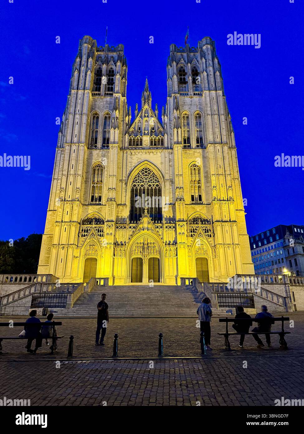 Facciata illuminata della cattedrale di San Michele e San Gudula al crepuscolo a Bruxelles, Belgio. Foto Stock