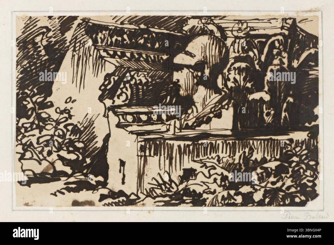 Louis-Pierre Baltard--elementi architettonici con un busto di Pericle al centro--penna e inchiostro. Foto Stock