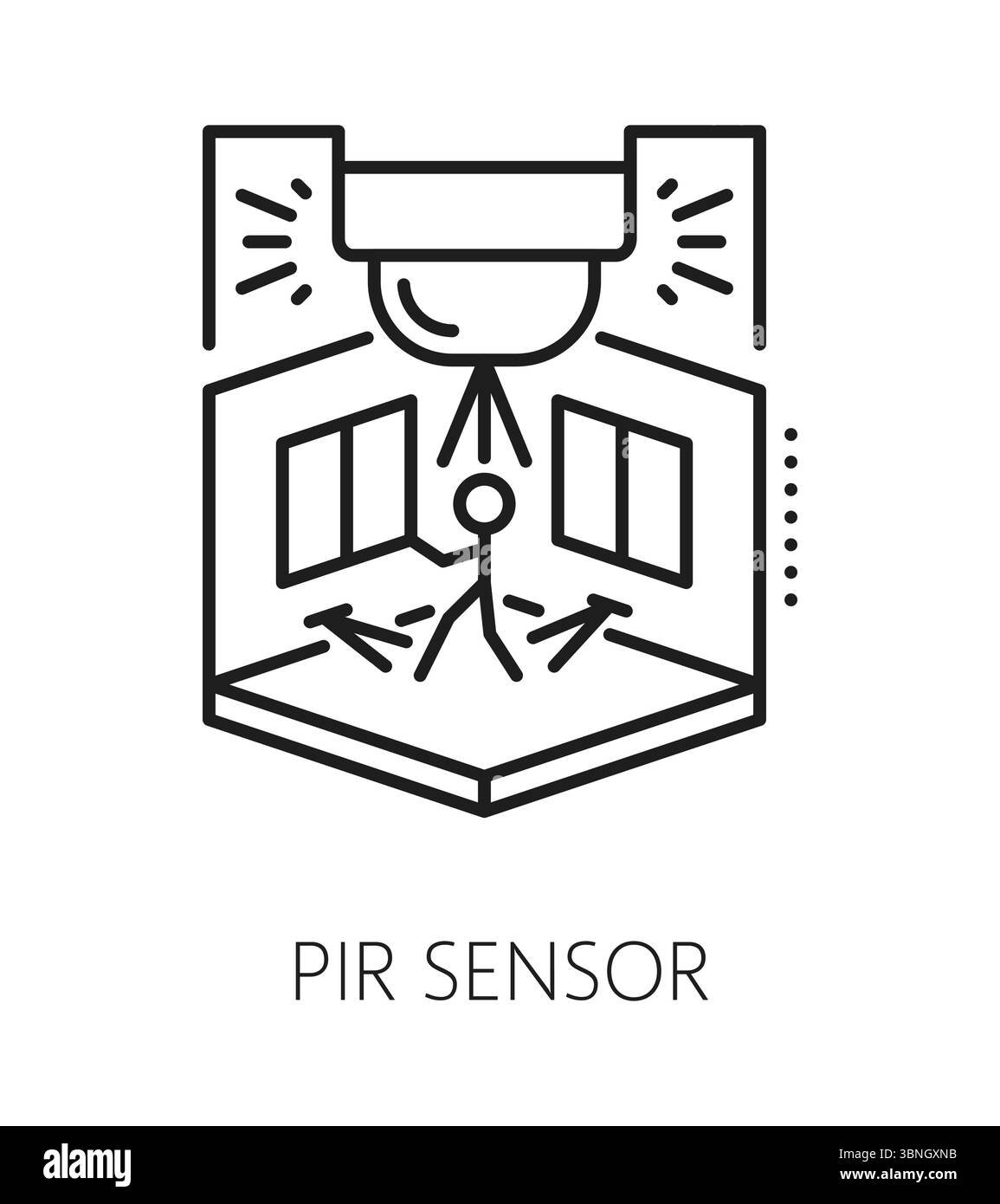 Icona o pittogramma della linea del dispositivo di sicurezza domestica del sensore PIR. Simbolo del vettore della linea del dispositivo di sicurezza della proprietà, simbolo del dispositivo di protezione della casa. Icona elettronica di sicurezza con sensore a infrarossi passivo, ladro nella stanza Illustrazione Vettoriale