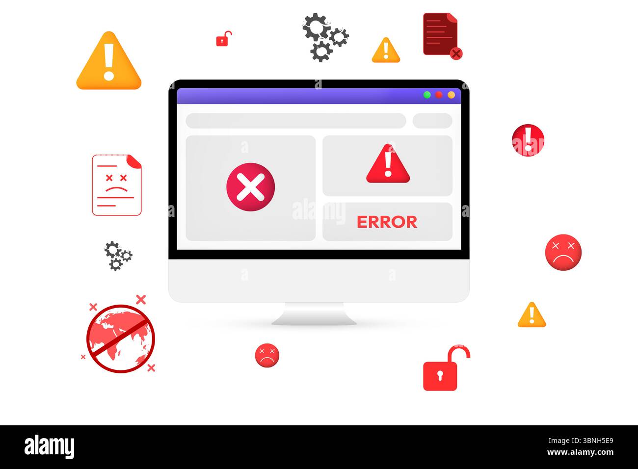 Errori e virus concetto fluttuante intorno allo schermo. Errore, malware, virus, nessun accesso, non autorizzato, background accesso non riuscito. Foto Stock