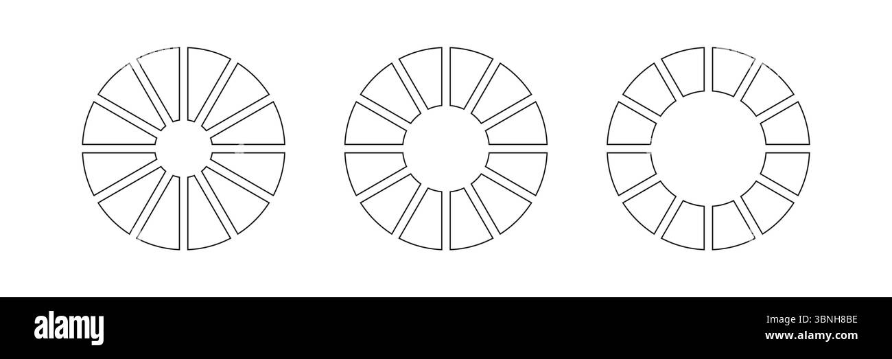 Durata della ruota di guida vuota. Delineare i grafici delle ciambelle, le torte segmentate su 12 parti uguali. Ruote rotonde divise in dodici sezioni. Set infografica diagrammi Illustrazione Vettoriale