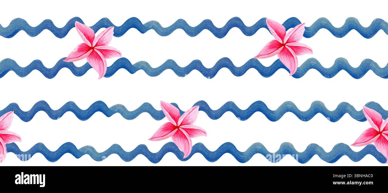 Linee ondulate di acquerello blu, fiori di frangipani motivo senza cuciture su sfondo bianco. Elementi ondulati dipinti a mano, perfetti per il design a tema marino Foto Stock