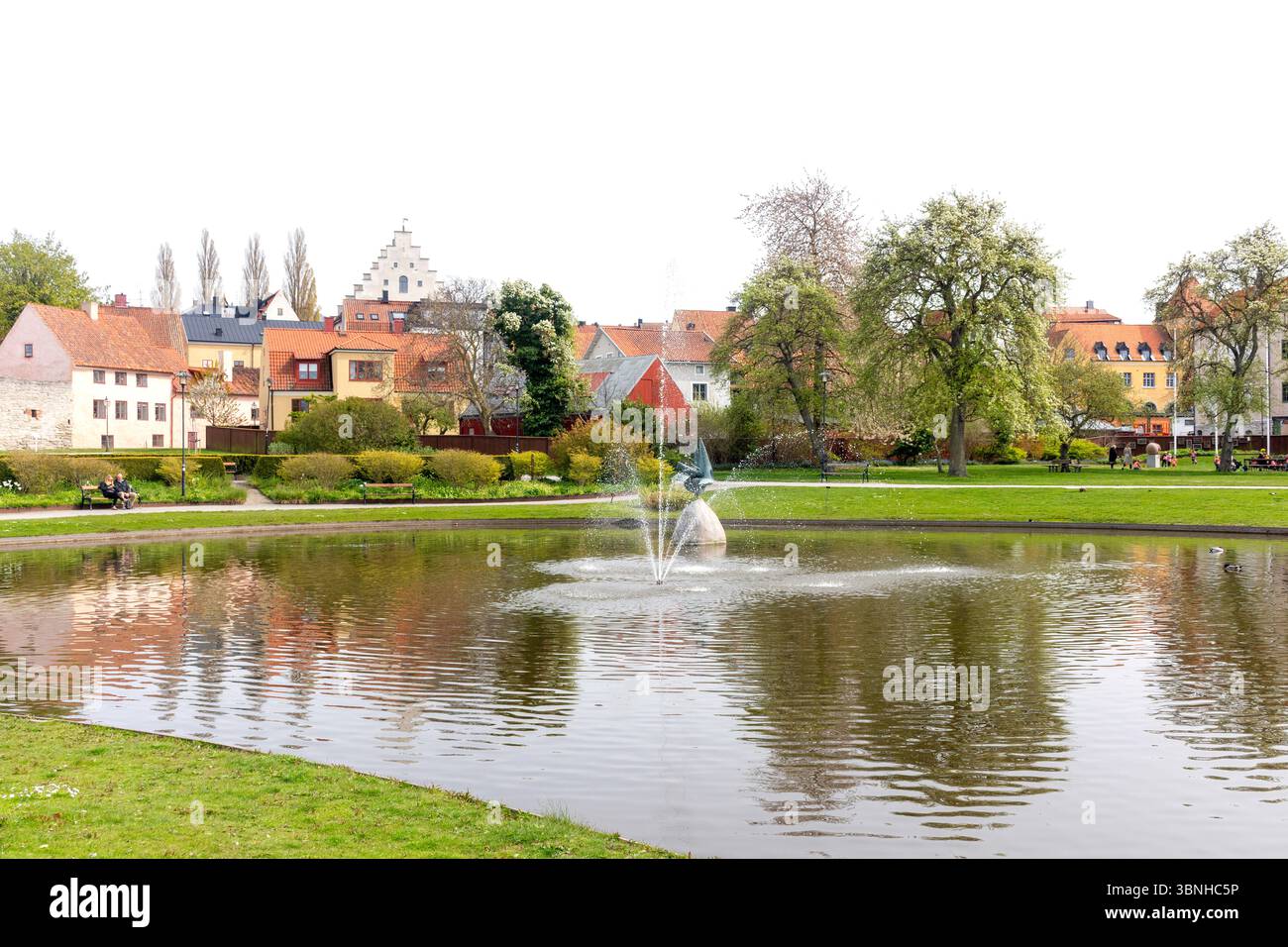 Lo stagno dei giardini di Almedalen, Visby, regione di Gotland (Gotlands kommun), Regno di Svezia Foto Stock