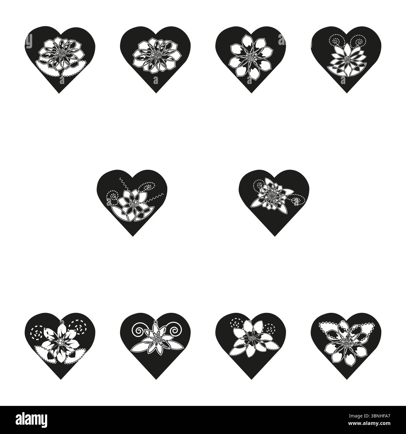 Dieci forme di cuore. Ognuna presenta un fiore. Design vettoriali monocromatici. Dettagli floreali a spirale. Illustrazione Vettoriale