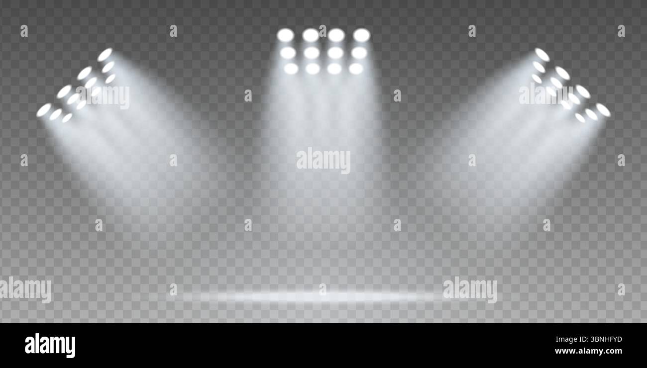 Stadio 3D realistico con luminosi faretti a LED e campo da calcio illuminato. Design di sfondo per eventi sportivi notturni con proiettori al neon ed effetti di fascio spettacolari su sfondo scuro trasparente. Illustrazione Vettoriale