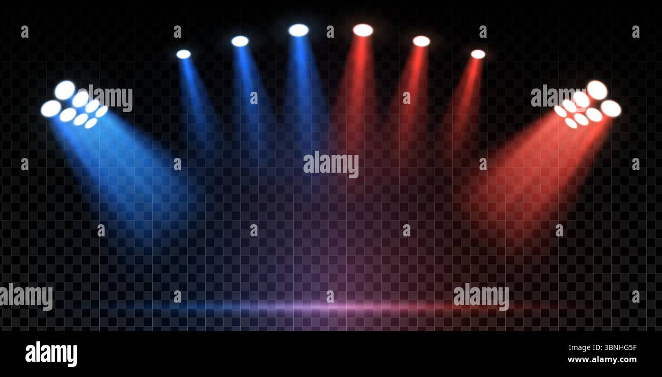 I riflettori rossi e blu dello stadio brillano sul palco vuoto. Concerto vettoriale o scena sportiva con riflettori e sfondo scuro. Arena astratta, pista o anello di pugilato rivelano un effetto spettacolare. Illustrazione Vettoriale