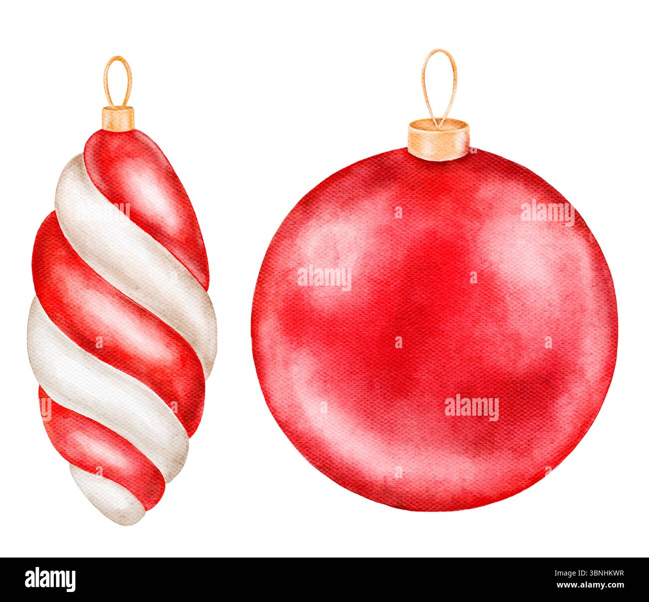 Due palline rosse di Natale dipinte ad acquerello, una attorcigliata e una rotonda. Isolata su bianco per festività, confezioni natalizie o allegre feste stagionali Foto Stock