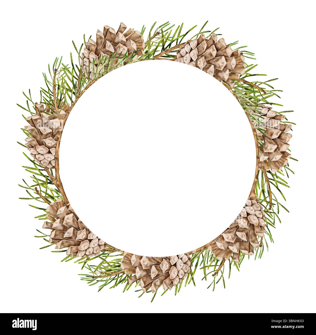 Corona rotonda di acquerello realizzata interamente con rami di pino e coni marroni. Disegno botanico dipinto a mano su bianco. Ideale per cartellini per le vacanze, articoli di cancelleria o. Foto Stock