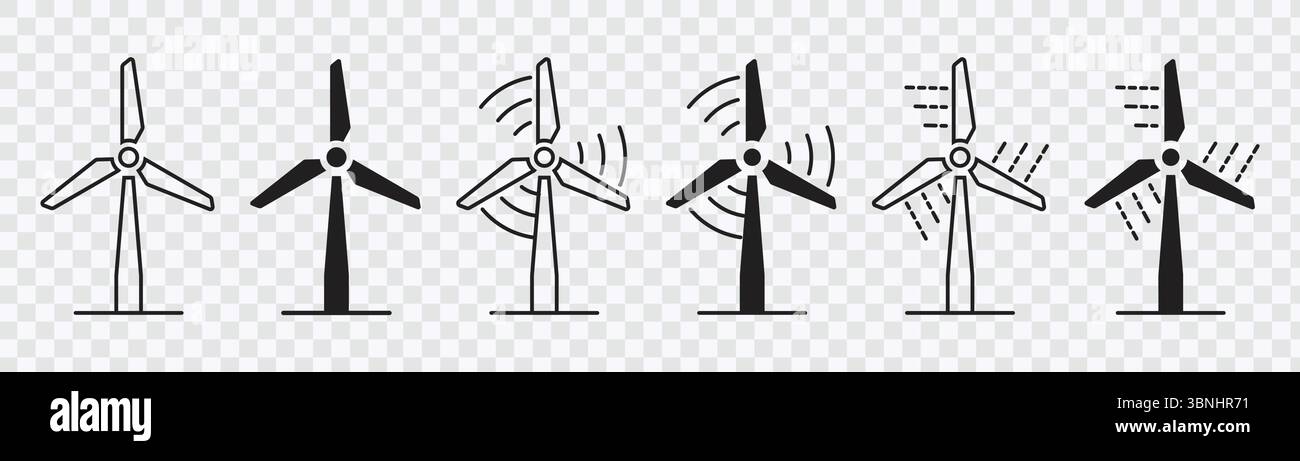 Icone delle turbine eoliche impostate con effetti di movimento Illustrazione Vettoriale