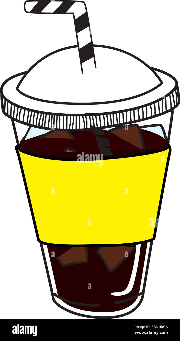 Illustrazione vettoriale di americano ghiacciato in una tazza di plastica da asporto con manica gialla brillante e paglia a righe. Sfondo trasparente. Illustrazione Vettoriale