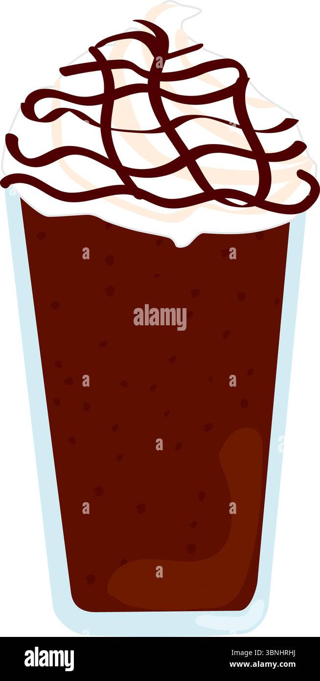 Illustrazione vettoriale di un frappuccino al cioccolato con panna montata e sciroppo. Design piatto, isolato su sfondo bianco, senza sfondo Illustrazione Vettoriale