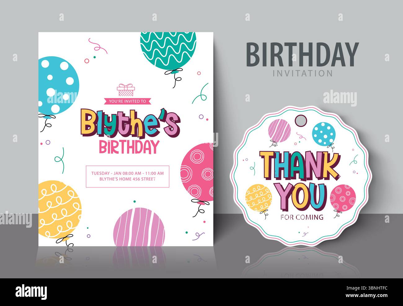 Invito al compleanno colorato e Clipart della scheda di ringraziamento con palloncini e giocosa tipografia. Clipart di compleanno Illustrazione Vettoriale