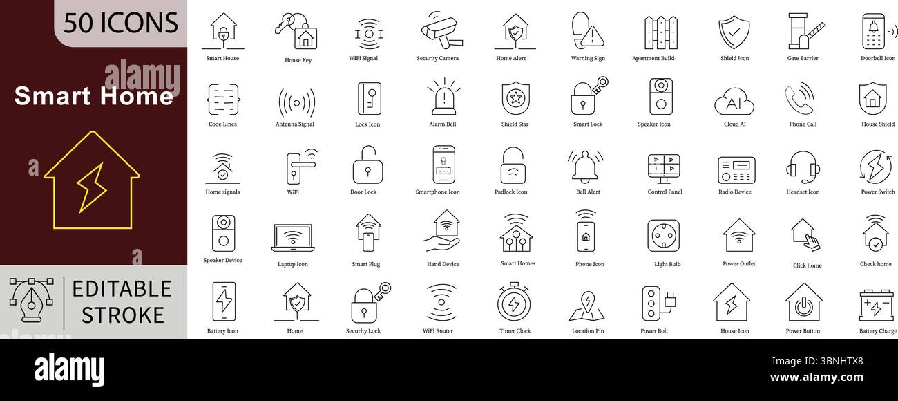 Icone della linea di automazione domestica intelligente: IoT, sicurezza, energia e dispositivi connessi Illustrazione Vettoriale