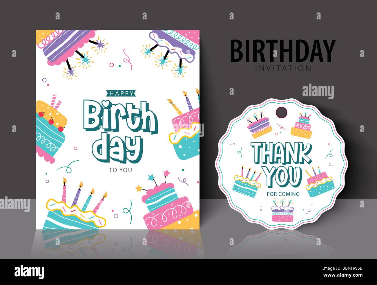 Set Birth Clipart con un invito giocoso e un'etichetta di ringraziamento con torte, candele e divertimento Illustrazione Vettoriale
