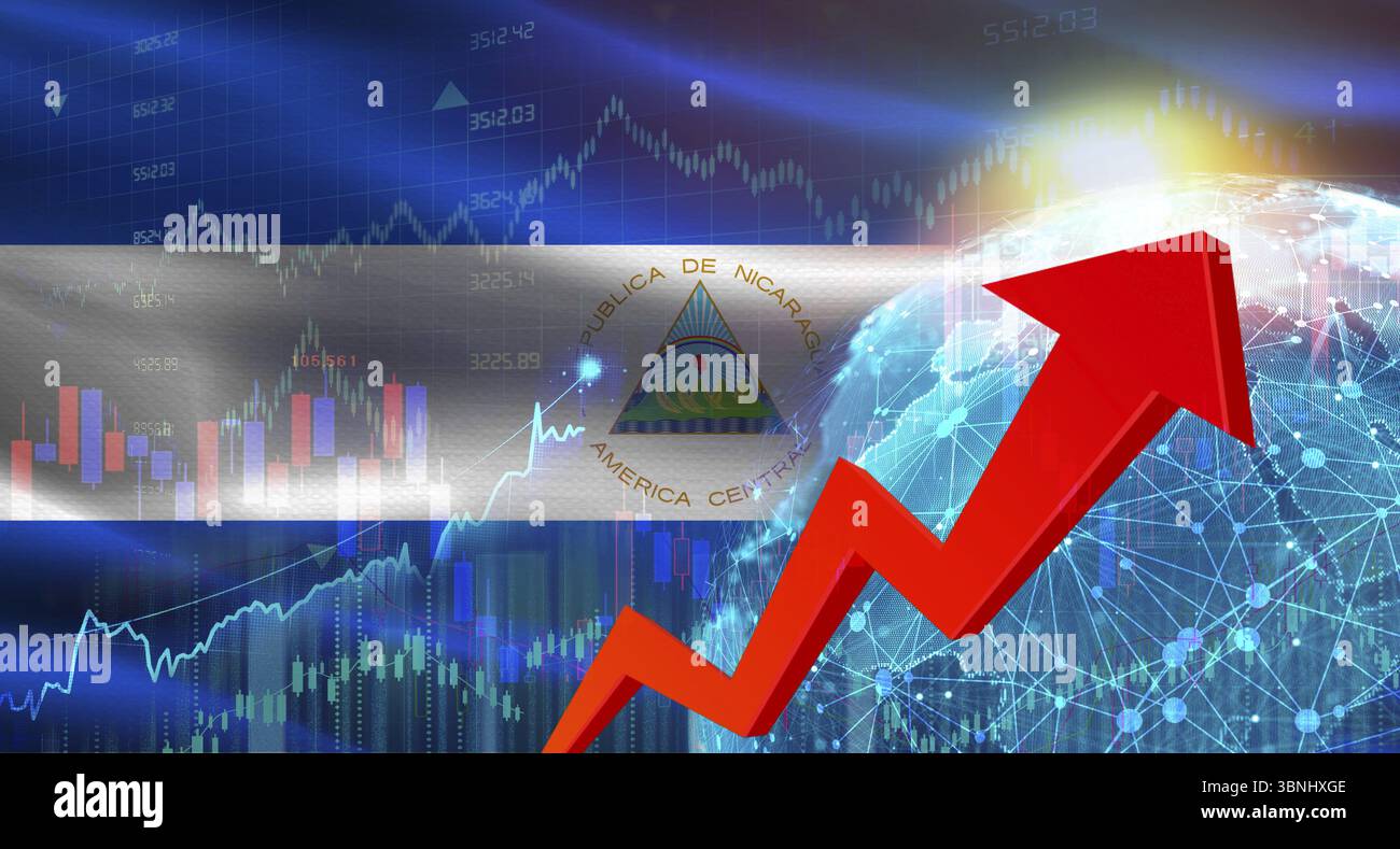 Crescita finanziaria globale con la bandiera del Nicaragua. Crescita finanziaria con la bandiera del Nicaragua sul contesto economico Foto Stock