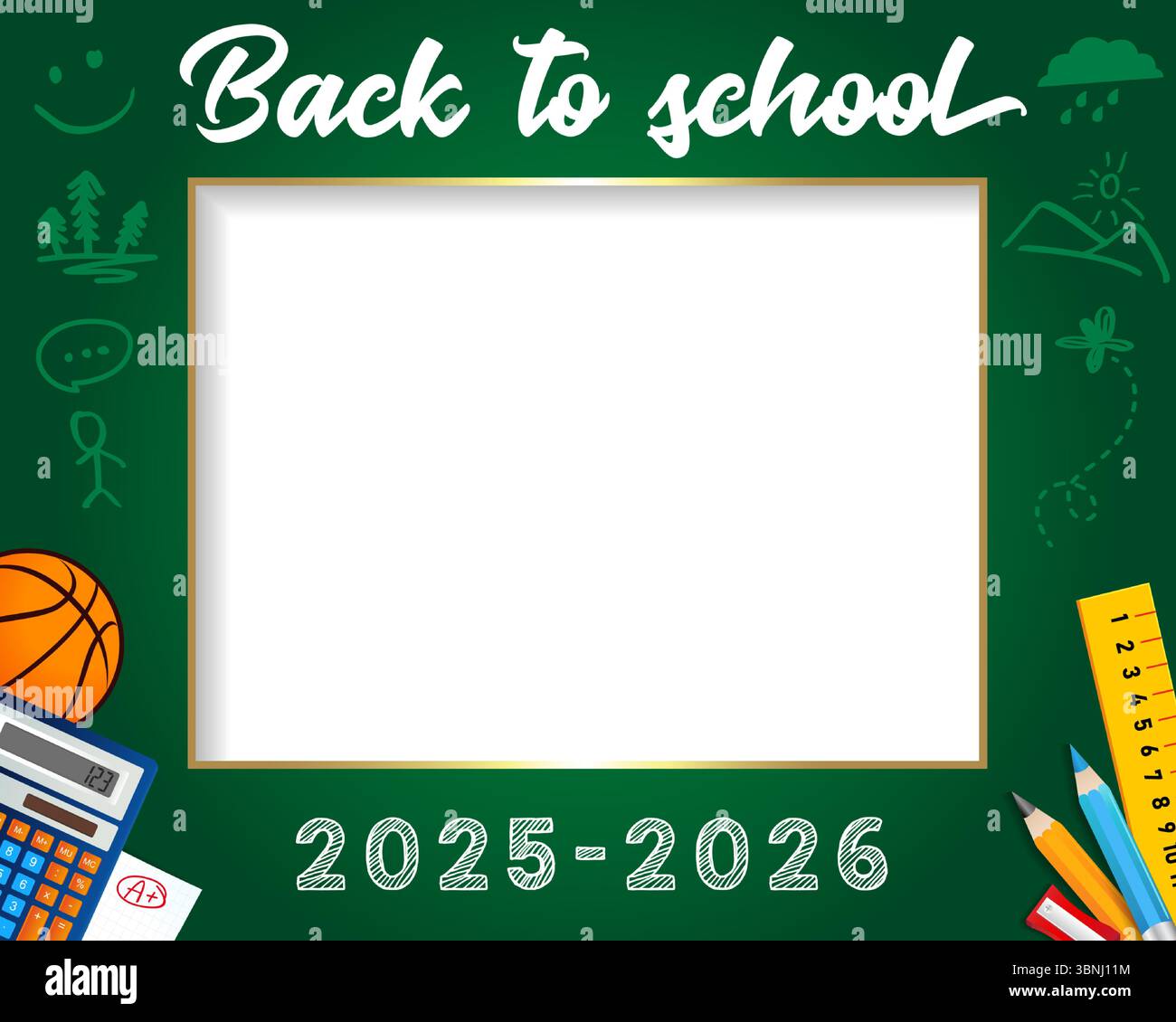 Design dello stand fotografico Back to School 2025-2026 con lavagna verde e disegni in gesso. Primo giorno di scuola - design della cornice fotografica per selfie. Banner vettoriale Illustrazione Vettoriale