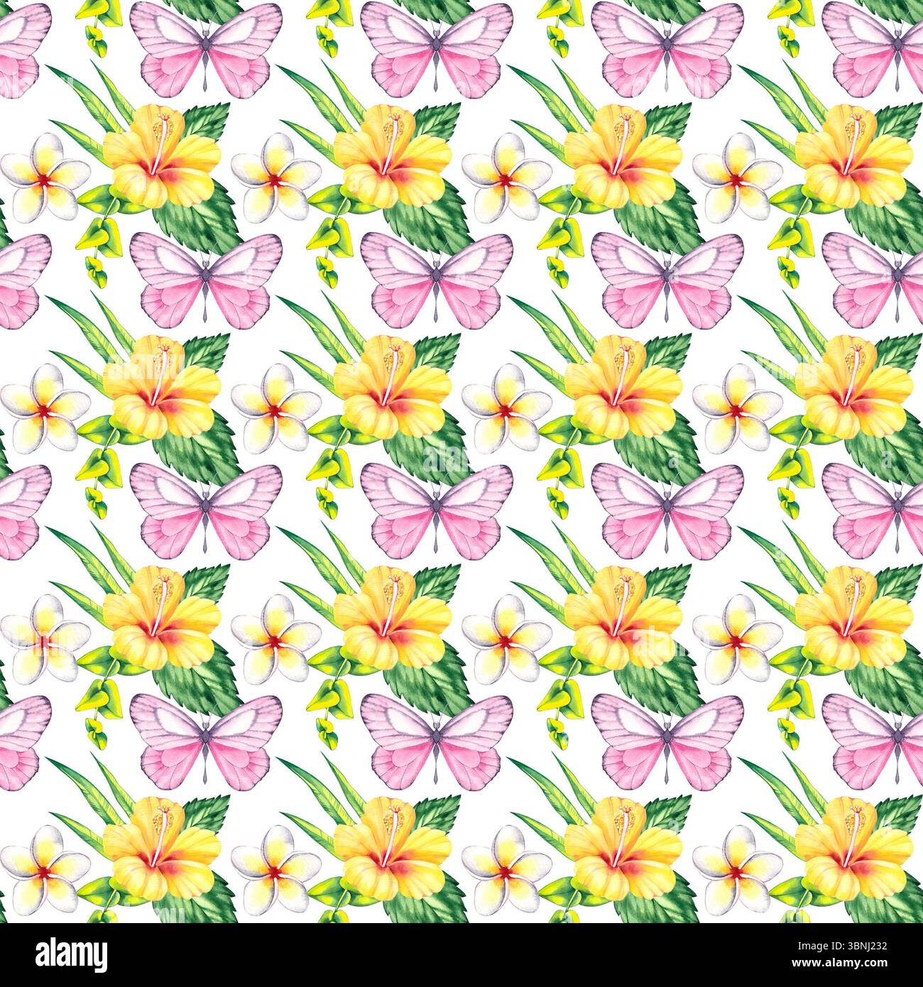 Motivo acquerello senza cuciture con fiori e farfalle estive. Ideale per tessuti, imballaggi, cancelleria, carta da imballaggio e design digitali stagionali Foto Stock