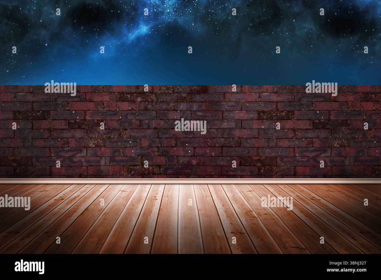 Mostra pavimento vuoto in legno che si estende verso pareti di mattoni rossi profondi, caratterizzato da cielo stellato blu nebulose Foto Stock