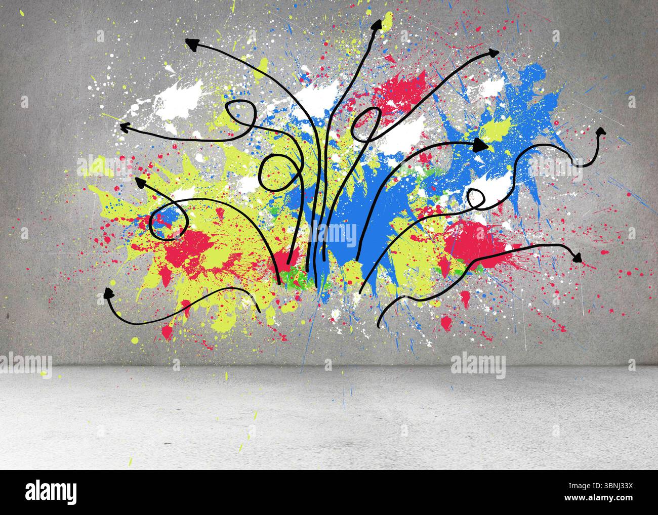 Muro grigio con frecce e schizzi Foto Stock